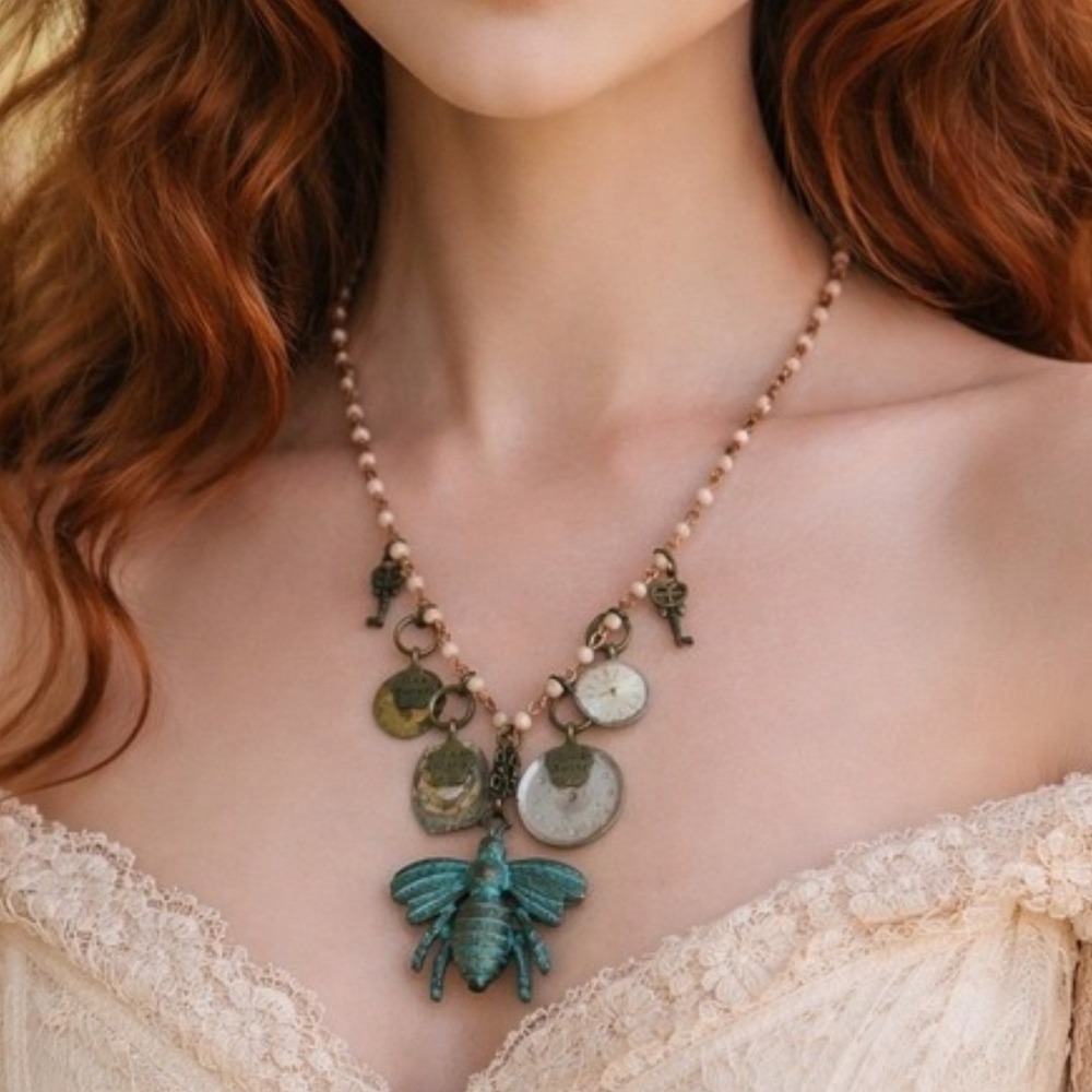 Steampunk Bee Watch Face Charm Necklace Mint‎ Green Beaded Dragonfly Whimsical